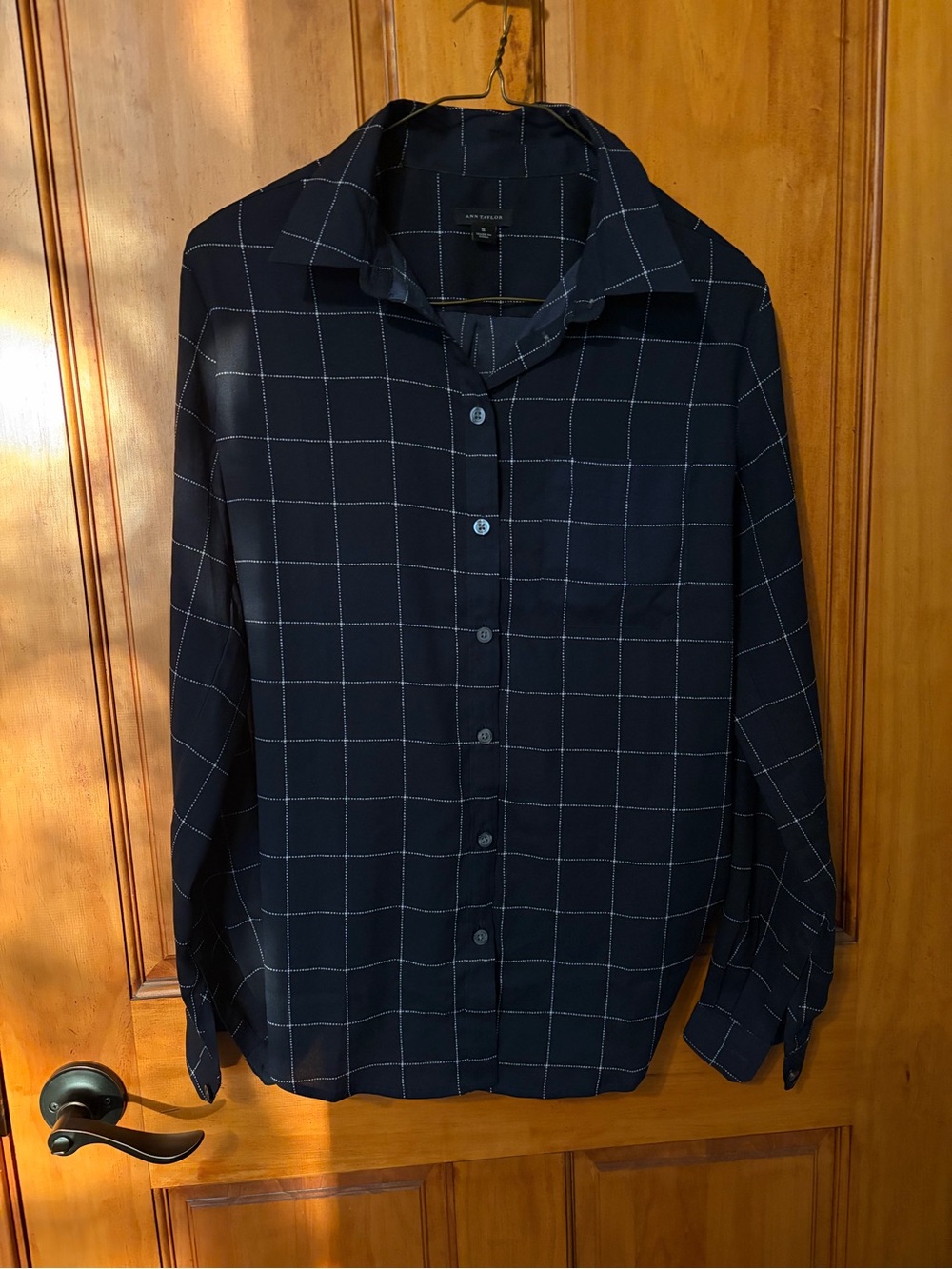 Ann Taylor Navy Windowpane Button-Up Blouse